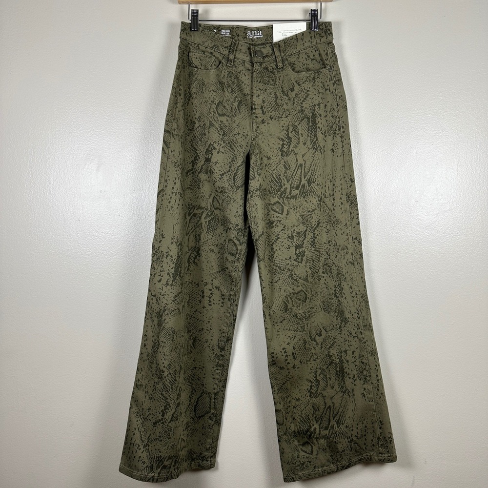 a.n.a Women's 2 Wide Leg‎ Pants Olive Green Python Snake Print High Rise NEW